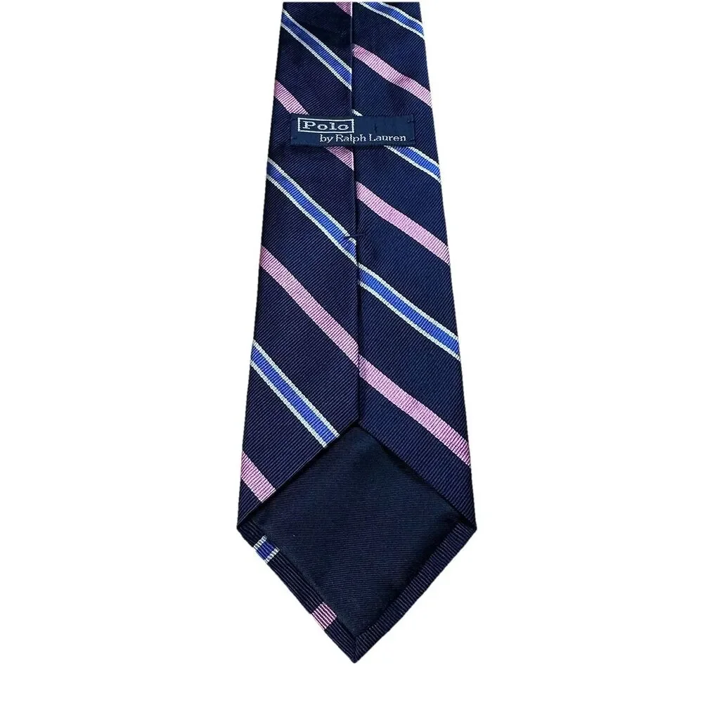 Polo Ralph Lauren Men 100% Silk Neck Tie Pink Blue Stripe Handmade in Italy Luxe